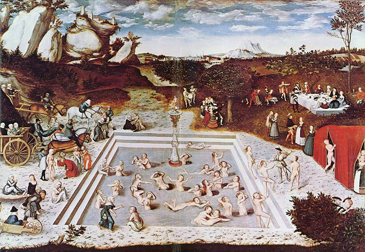 Lucas Cranach der Ältere (1472–1553): Der Jungbrunnen, 
                      1546; Quelle: Wikimedia Commons / The Yorck Project: 10.000 
                      Meisterwerke der Malerei. DVD-ROM, 2002. ISBN 3936122202. 
                      Distributed by DIRECTMEDIA Publishing GmbH.