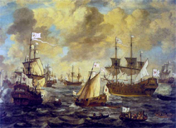 Bild: Die Brandenburgische Marine auf 
                        offener See von Lieve Pietersz. Verschuir, 1684; <br>
                        Quelle: Transfered from en.wikipedia. Original uploader 
                        was Anonymous Dissident at en.wikipedia