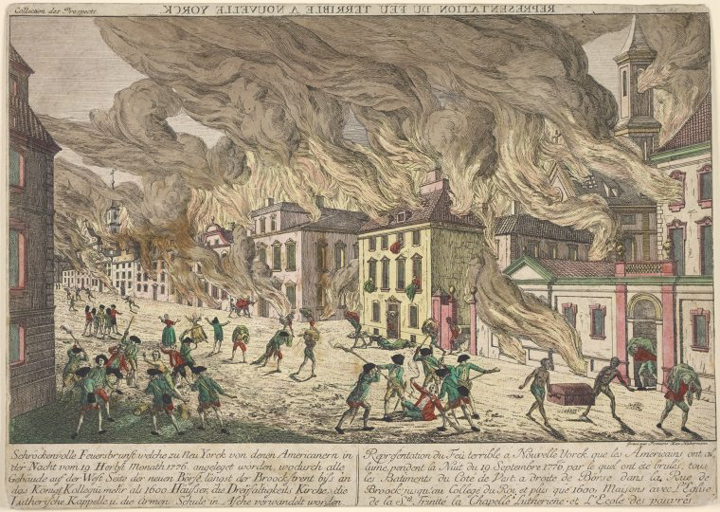 Schreckenvolle Feuersbrunst 
                      welche zu Neu Yorck von denen Americanern in der Nacht vom 
                      19. Herbst Monath 1776 angelegt worden, wodurch alle Gebäude 
                      auf der West Seite der neuen Börse längst der 
                      Brook Strant biss an das Königl[iche] Kollegii mehr 
                      als 1600 Häuser, die Dreifaltigkeits Kirche, die Lutherische 
                      Kappelle u[nd] die Armen Schule in Asche verwandelt worden, 
                      1776; Quelle New York Public Library Digital Collection, 
                      URL: http://digitalgallery.nypl.org/nypldigital/id?psnypl_prn_972; 
                      Urheber Francois Xav. Habermann / Wikimedia Commons